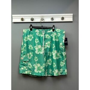 Chaps Mens XXL Swim Trunks Kelly Green Floral Hibiscus Board Shorts NWT